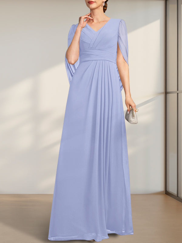 Vestido de gasa de corte A, escote en V y largo hasta el suelo para la madre de la novia, con pliegues
