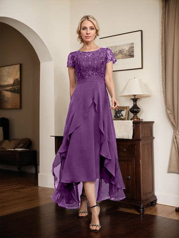 A-line Scoop Illusion Asymmetrical Chiffon Lace Mother of the Bride Dress With Bow Ruffle Sequins