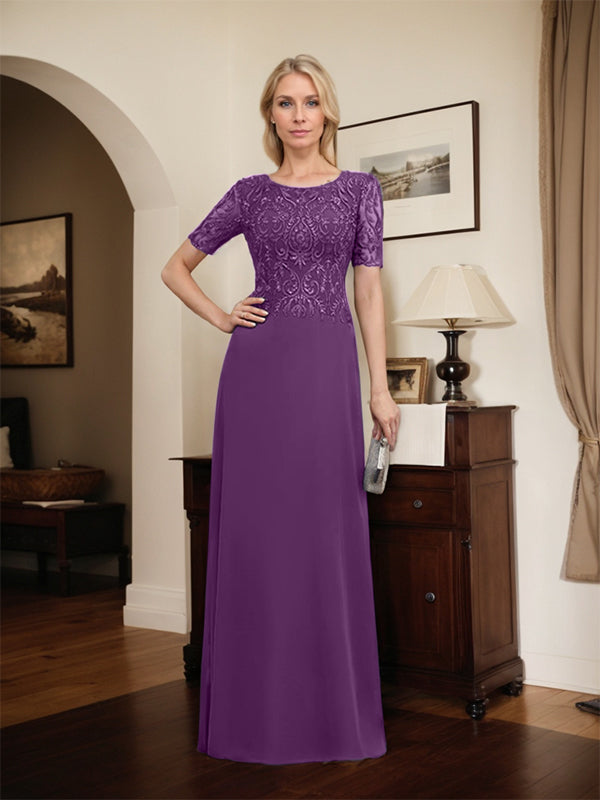 Vestido de novia de corte línea A, escote redondo, largo hasta el suelo, de encaje y gasa con lentejuelas.