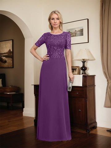 A-line Scoop Floor-Length Lace Chiffon Mother of the Bride Dress With Sequins