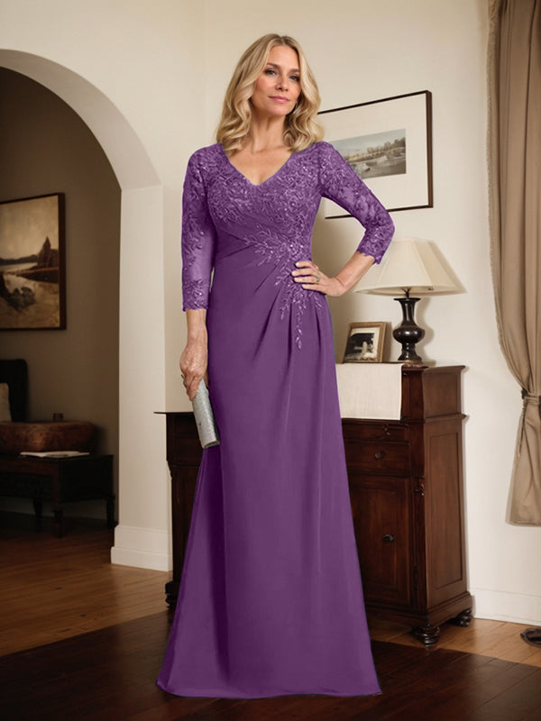 Vestido de novia de corte recto/columna, escote en V ilusión, largo hasta el suelo, de gasa de encaje con lentejuelas plisadas. 