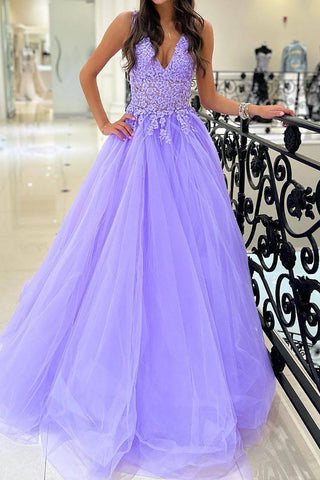 Gorgeous A Line V Neck Purple Long Prom Dress with Appliques