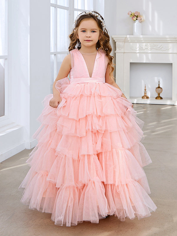Vestido de princesa rosa perla sin mangas para niña de las flores con lazo de tul 