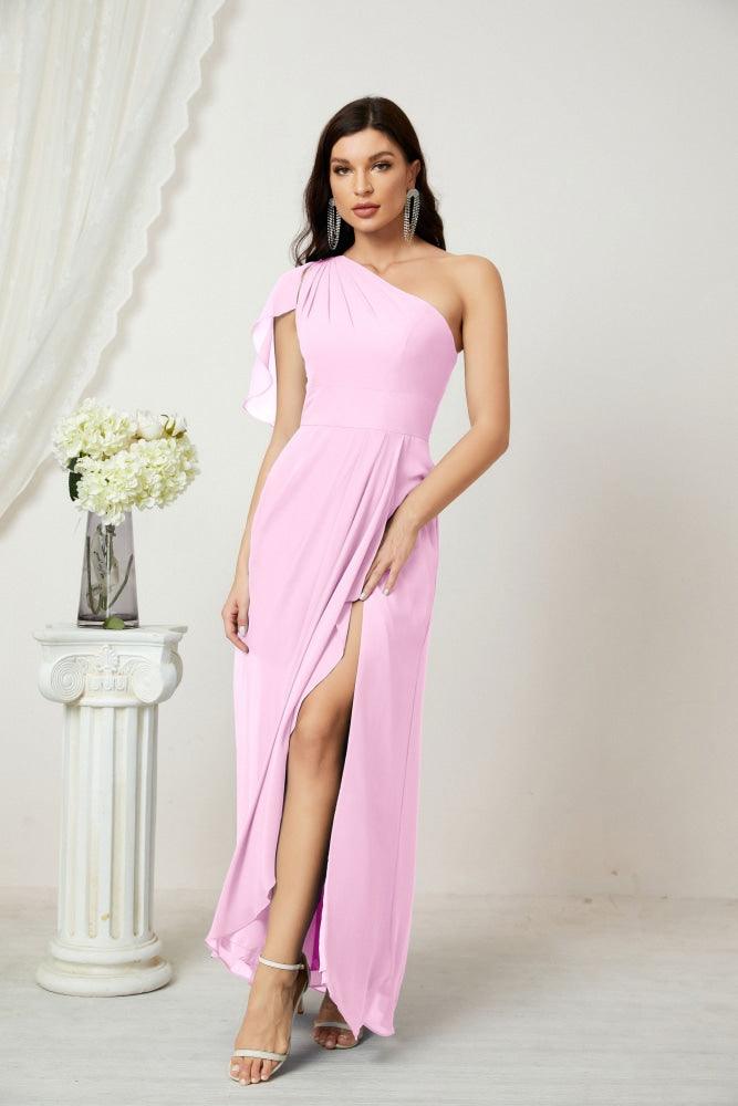 Baoleely  Chiffon Ruffled One Shoulder Long Bridesmaid Dresses A-line Formal Evening Gown Side Split 2809