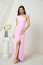 Baoleely  Chiffon Ruffled One Shoulder Long Bridesmaid Dresses A-line Formal Evening Gown Side Split 2809