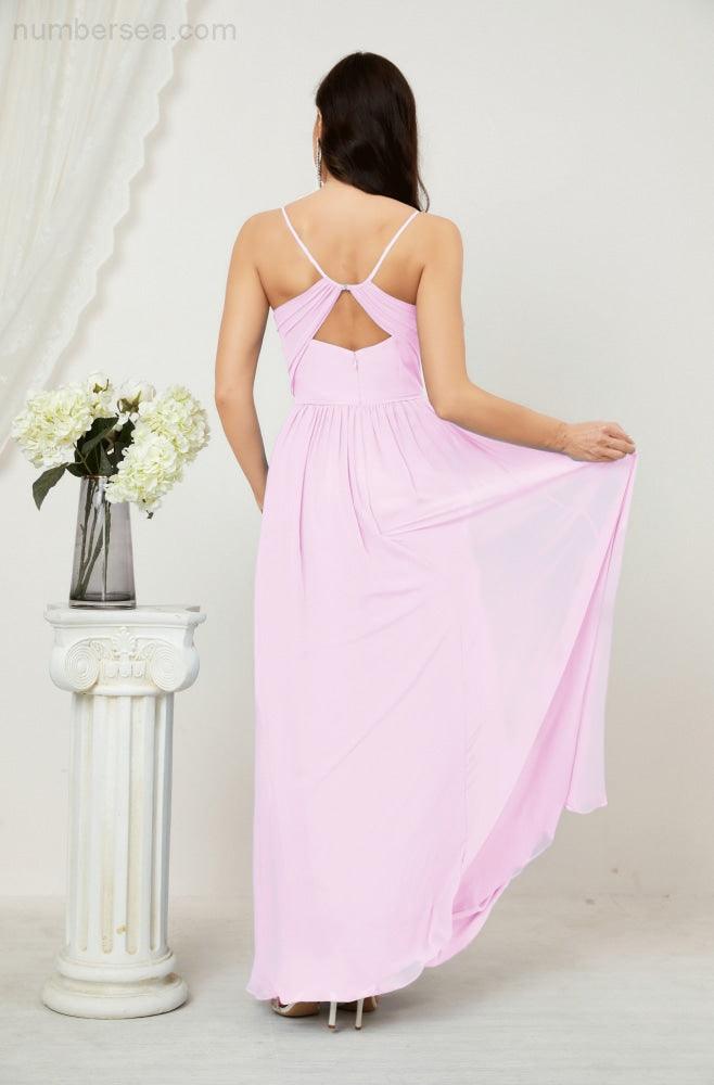 Robe de demoiselle d'honneur en mousseline de soie, longue, coupe trapèze, col en V, pour soirée de mariage, 2801 