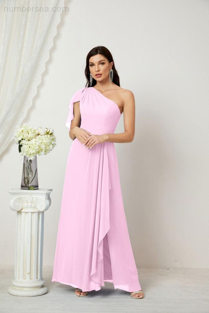 Baoleely  Chiffon Ruffled One Shoulder Long Bridesmaid Dresses A-line Formal Evening Gown Side Split 2809