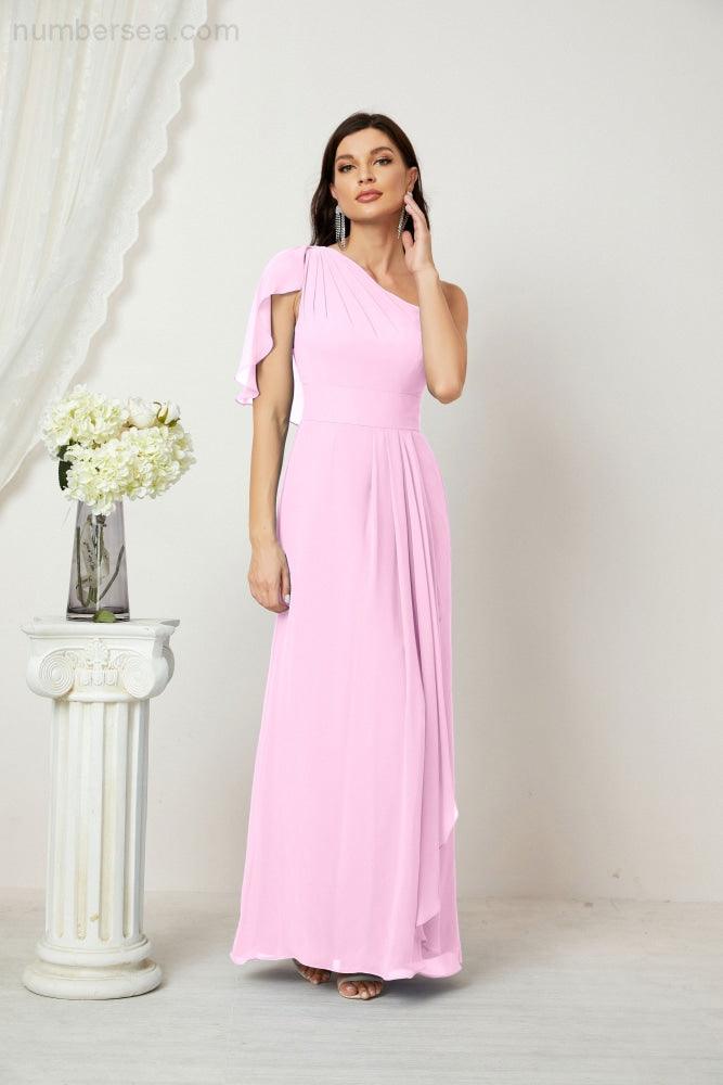 Baoleely  Chiffon Ruffled One Shoulder Long Bridesmaid Dresses A-line Formal Evening Gown Side Split 2809
