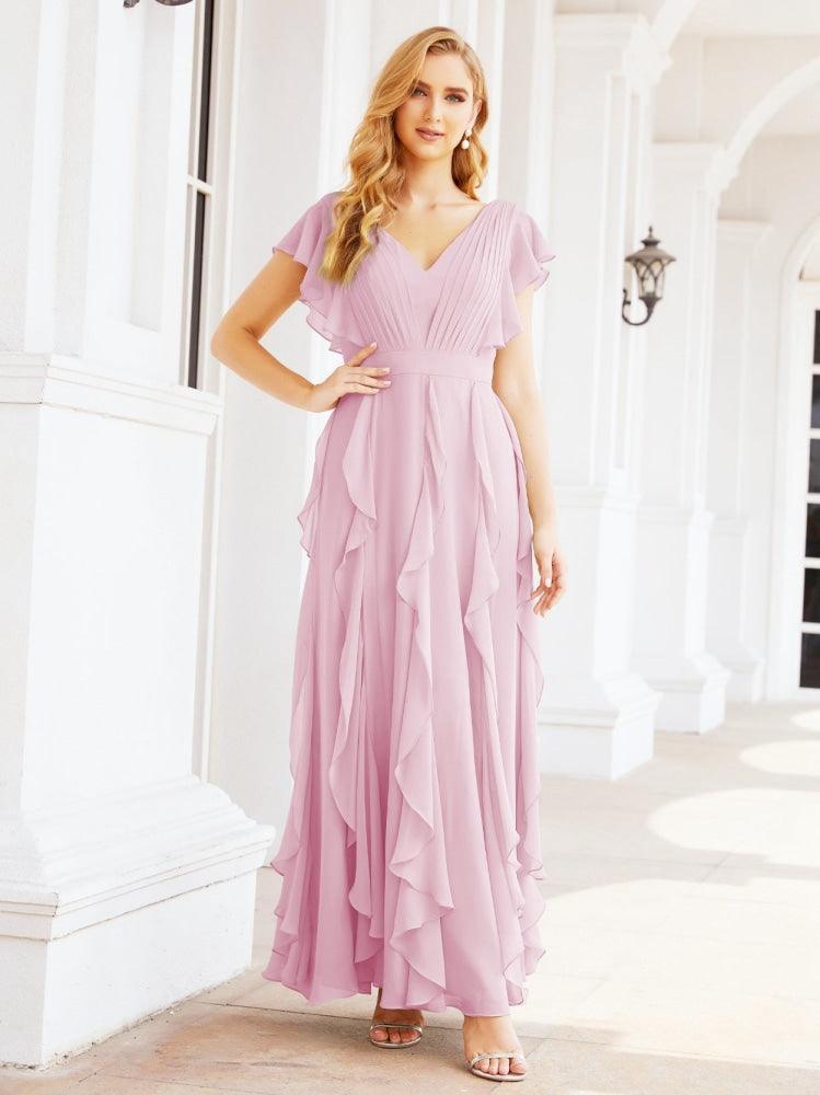 Ruffled Bridesmaid Dresses with Sleeves Long Formal Party Dress 28041