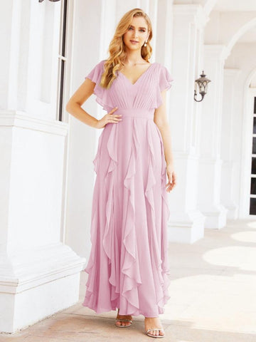 Vestidos de dama de honor con volantes y mangas, vestido largo de fiesta formal 28041 