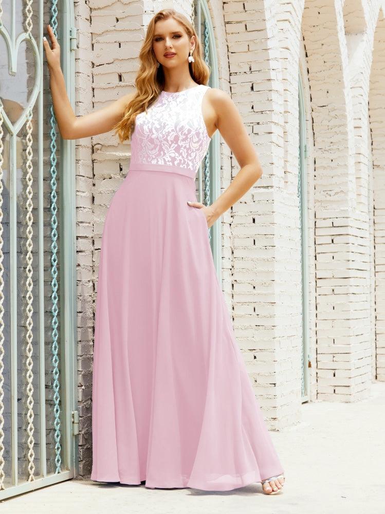 Vestido de dama de honor de encaje, largo hasta el suelo, con bolsillos, 28017 