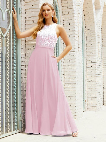 Vestido de dama de honor de encaje, largo hasta el suelo, con bolsillos, 28017 