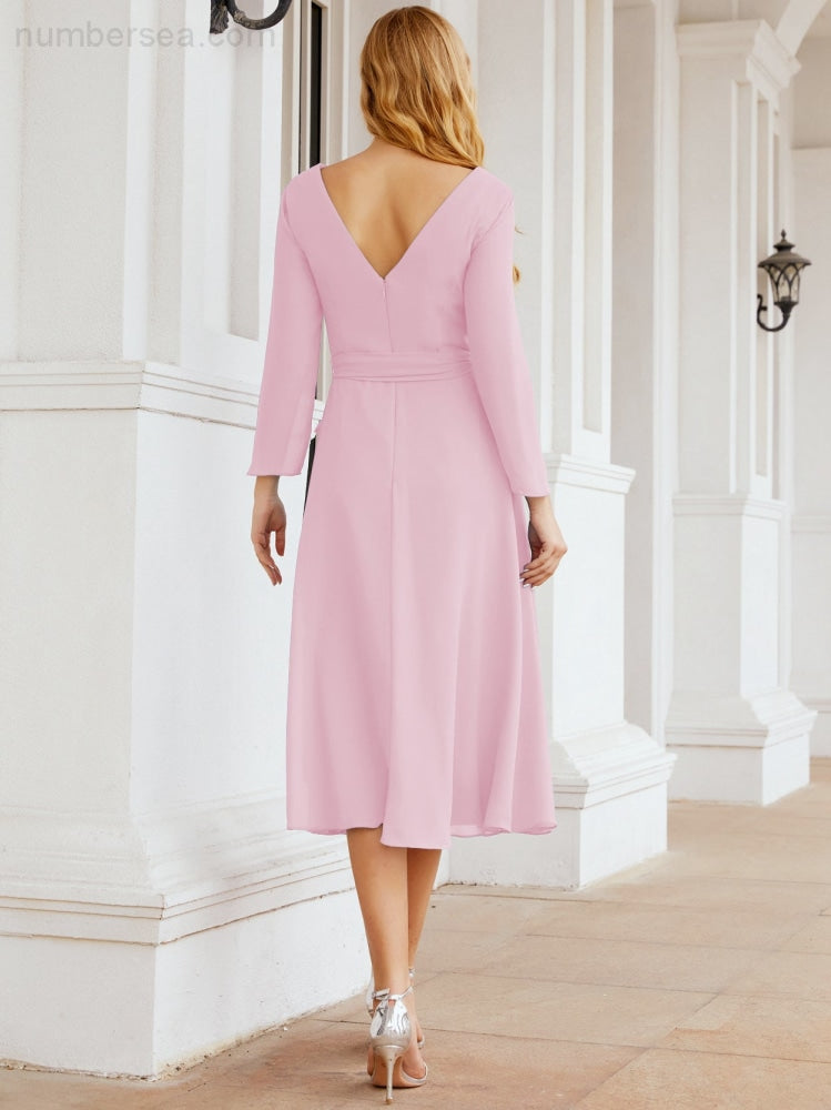 Robe de demoiselle d'honneur dos nu en V avec ceinture à la taille - Mère de la mariée - Invitée au mariage SY28031