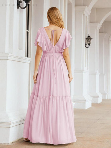 Vestido de fiesta formal de noche con espalda descubierta para mujer Baoleely, escote en V, largo, de gasa, con cinturón a la cintura 28038