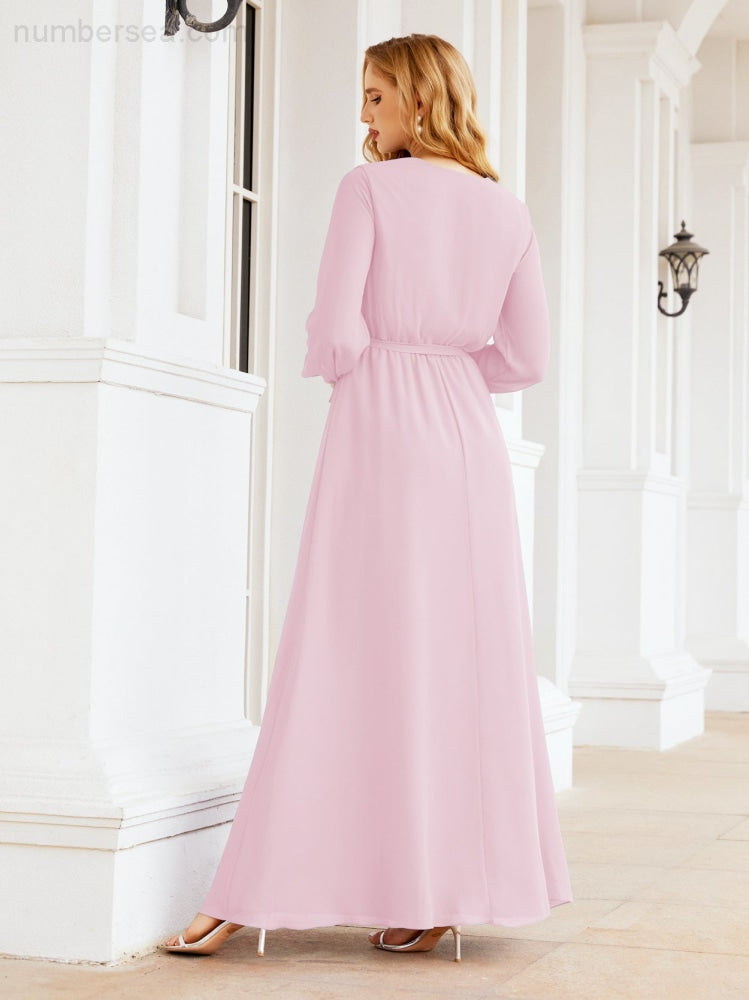 Vestido de dama de honor de gasa para mujer Sunderly, corte en A, manga larga, vestido de noche formal para invitada de boda SY28032 