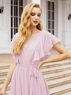 Baoleely Women's Open Back Formal Evening Party Prom Gowns V-Neck Long Chiffon Bridesmaid Dresses with Waist Belt 28038