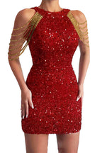 Robe cocktail mini à sequins et franges sur les épaules, vue glamour 