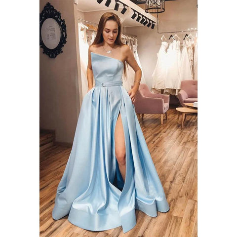 Sky Blue Satin Strapless A-line Split Long Prom Dress with Pockets