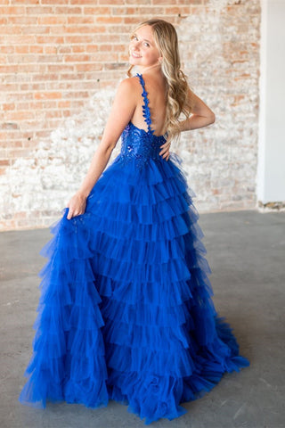 Robe de bal longue trapèze en tulle fleuri à plusieurs couches