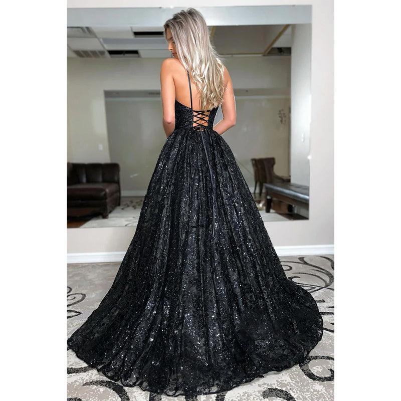 Plunging V-neck Black Lace A-line Prom Dress Glitter