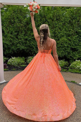 Sequins Spaghetti Straps A-Line Long Prom Dress