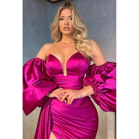 V-Neck Strapless Ruched Sheath Long Prom Gown With Detachable Sleeves