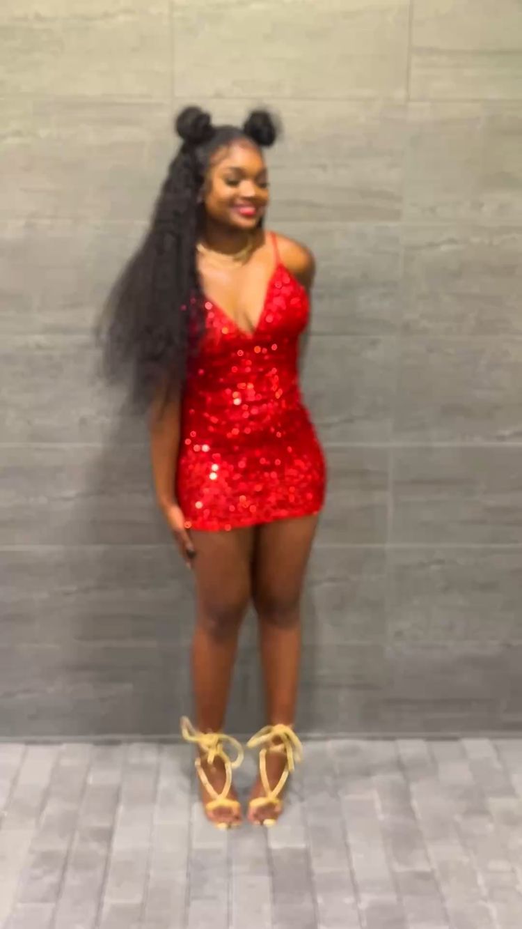 Vestido rojo de lentejuelas con escote en V para fiesta de bienvenida al 18 cumpleaños de chicas negras Y324
