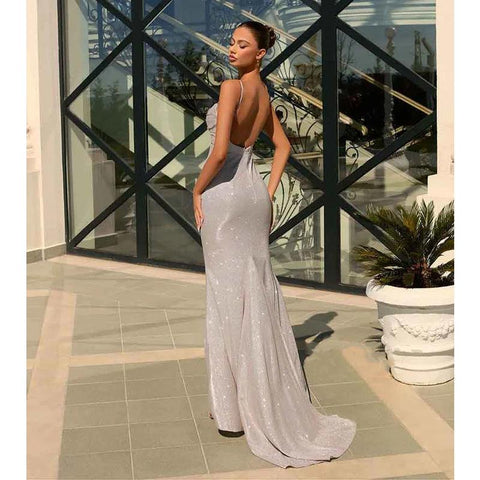 Robe de soirée sirène scintillante à bretelles spaghetti 