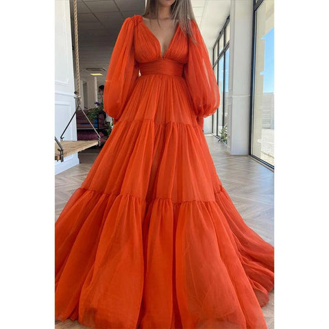 Robe de soirée trapèze sexy à col en V profond et manches longues en tulle orange 