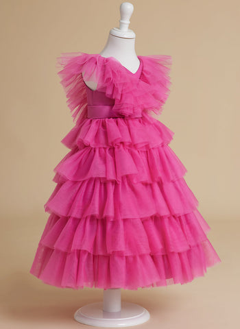 Vestido de princesa rosa estilo princesa, sin mangas, de tul y con volantes para niña de las flores 