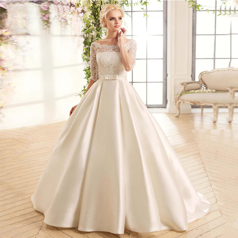 Elegant Lace Wedding Dresses For Women Half Sleevess Bride With Belt Bow Vestidos  De Novia Boda Suknia Ślubna Robe Mariée