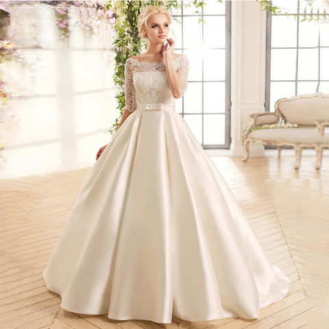 Elegant Lace Wedding Dresses For Women Half Sleevess Bride With Belt Bow Vestidos  De Novia Boda Suknia Ślubna Robe Mariée