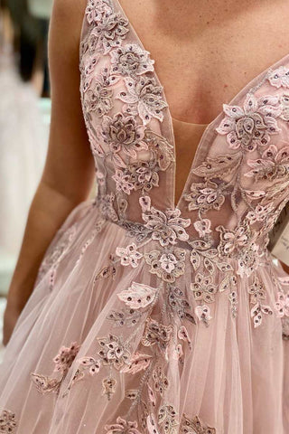 Robe de bal trapèze en dentelle florale à décolleté plongeant en V et dos nu
