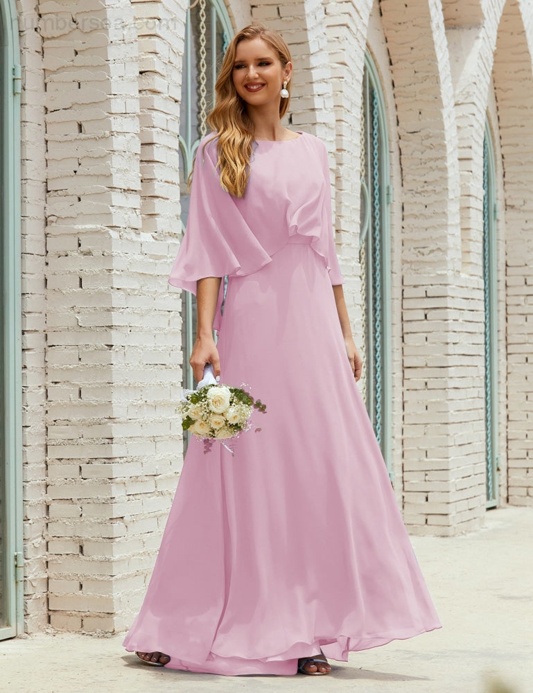 Vestido de dama de honor Sunderly para mujer, manga larga, cuello en V, de gasa, vestido formal de fiesta de boda SY28018