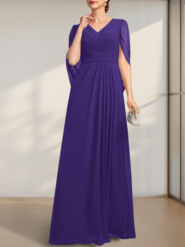 Vestido de gasa de corte A, escote en V y largo hasta el suelo para la madre de la novia, con pliegues