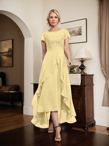 A-line Scoop Illusion Asymmetrical Chiffon Lace Mother of the Bride Dress With Bow Ruffle Sequins
