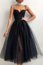 Tulle A-line Midi Simple Prom Dress