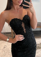 Terry | Vestidos largos de sirena con apliques de encaje y escote corazón negros