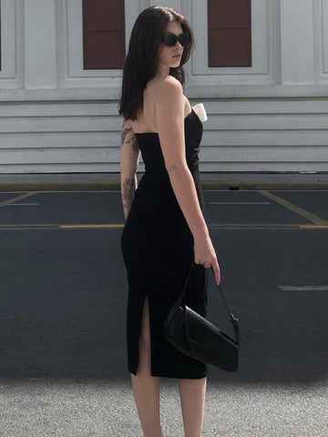 Vestido largo TARUXY negro con lazo y abertura, ajustado, sexy, con hombros descubiertos, ideal para bodas, fiestas y eventos elegantes. 