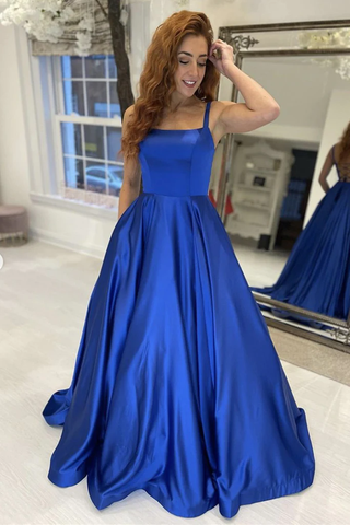 Robe de bal longue bleu roi en satin, coupe trapèze simple, robe de soirée longue bleue formelle pour remise de diplôme Y225