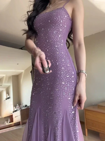 Vestido de noche de sirena sexy con tirantes finos, de gasa morada con cuentas, estilo Y7812