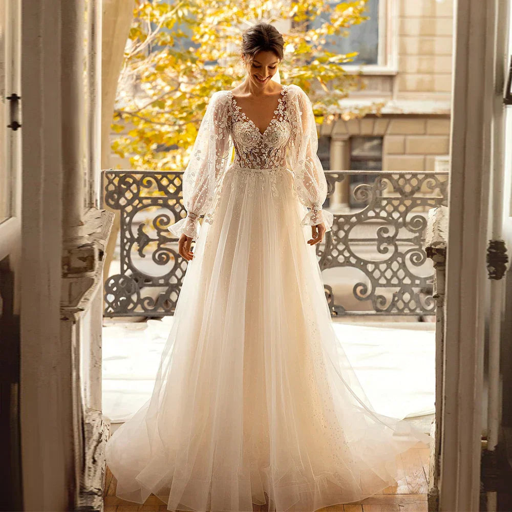 Vestido de novia con flores 3D, encaje, manga larga, vestido de novia para mujer, sexy, escote en V, tul transparente, corte en A, estilo bohemio. 