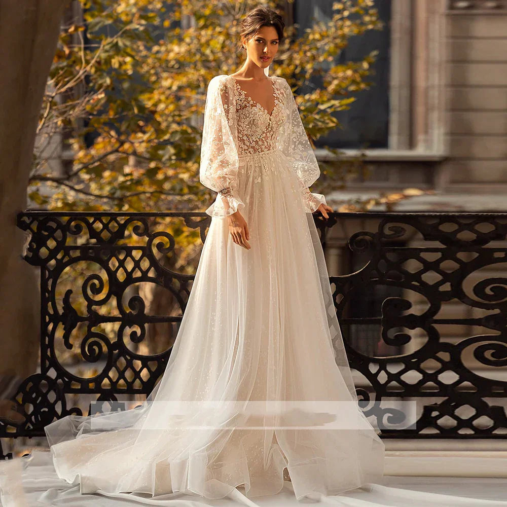 Vestido de novia con flores 3D, encaje, manga larga, vestido de novia para mujer, sexy, escote en V, tul transparente, corte en A, estilo bohemio. 