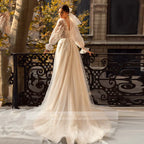 Vestido de novia con flores 3D, encaje, manga larga, vestido de novia para mujer, sexy, escote en V, tul transparente, corte en A, estilo bohemio. 