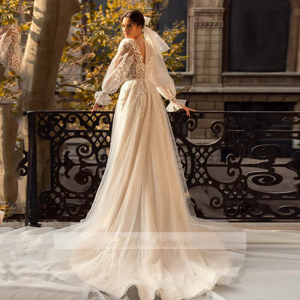 Vestido de novia con flores 3D, encaje, manga larga, vestido de novia para mujer, sexy, escote en V, tul transparente, corte en A, estilo bohemio. 