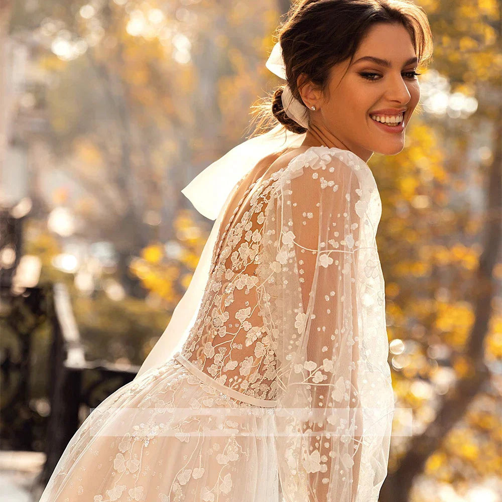 Vestido de novia con flores 3D, encaje, manga larga, vestido de novia para mujer, sexy, escote en V, tul transparente, corte en A, estilo bohemio. 