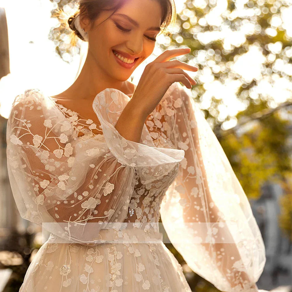Vestido de novia con flores 3D, encaje, manga larga, vestido de novia para mujer, sexy, escote en V, tul transparente, corte en A, estilo bohemio. 