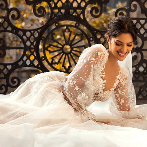 Vestido de novia con flores 3D, encaje, manga larga, vestido de novia para mujer, sexy, escote en V, tul transparente, corte en A, estilo bohemio. 