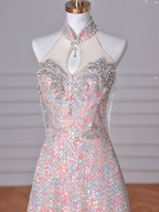 Precioso vestido de fiesta rosa con lentejuelas y cuentas, corte en A, modelo Y8637