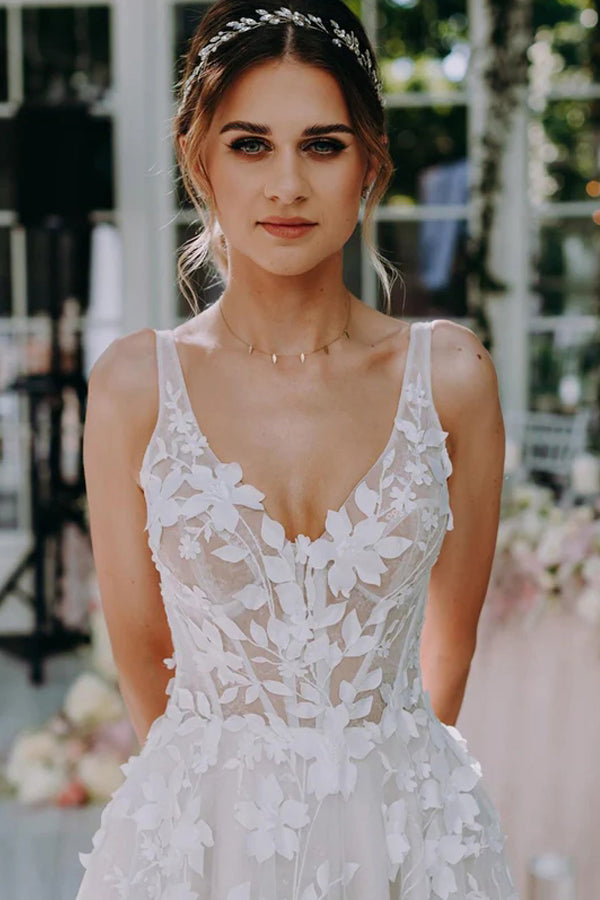 Vestido de novia bohemio largo hasta el suelo con escote en V y encaje floral 3D WD662
